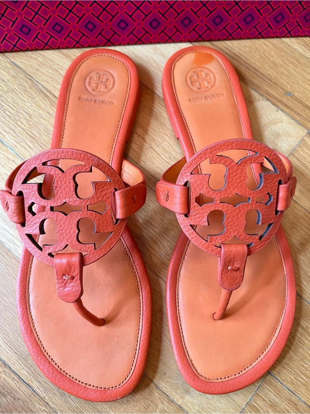 Tory Burch Orange Two-Toned Tumbled Leather Miller Sandals
